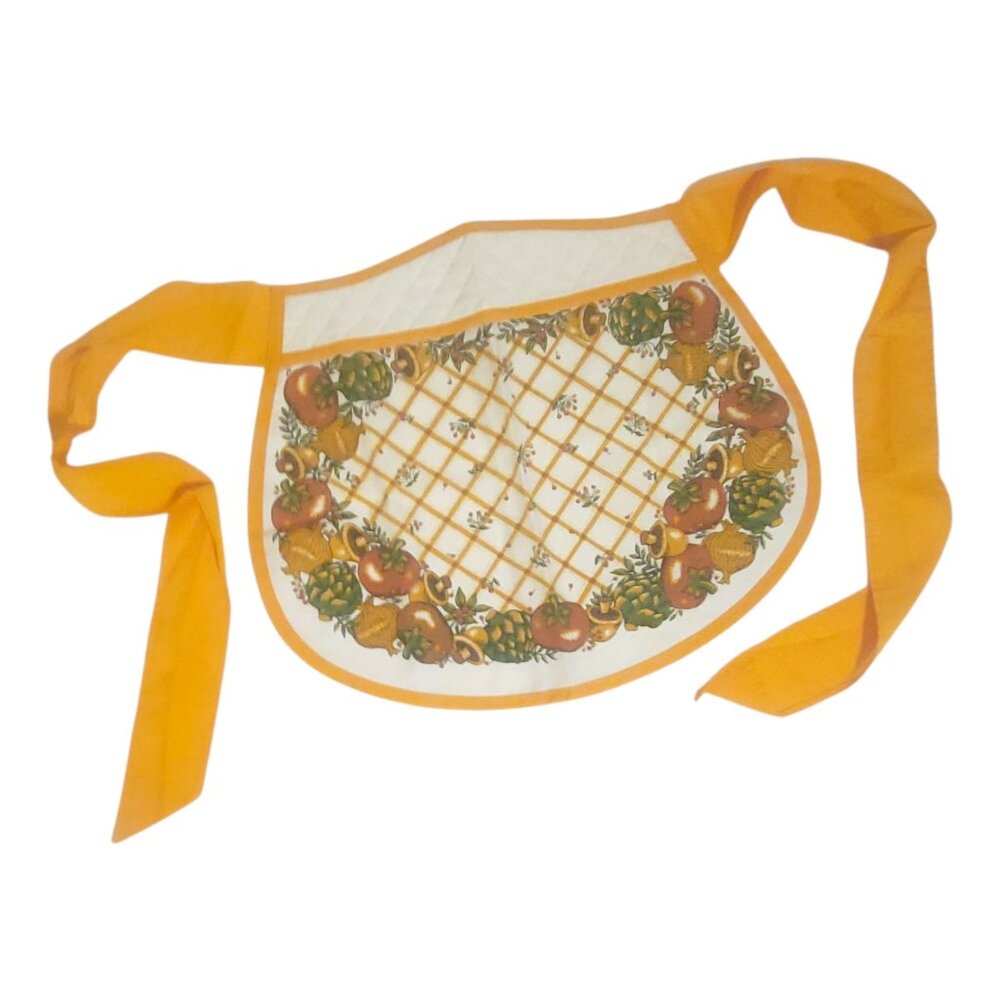 Vintage 1970s Gourmet Gallery Half Apron Mushroom & Veggie Print Quilted Cotton